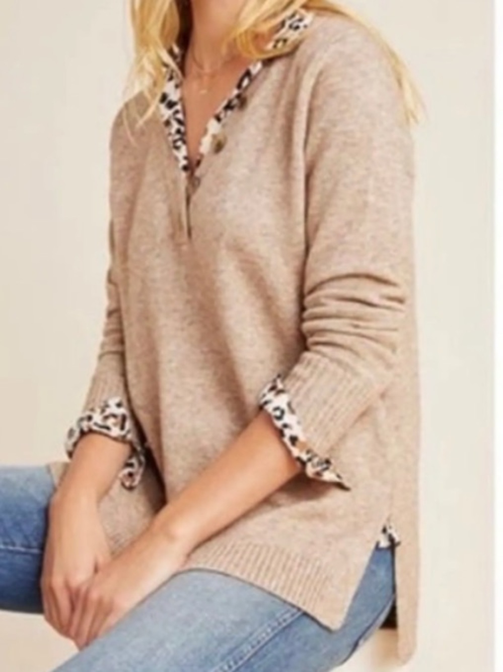 By Anthropologie Serena V-Neck Sweater Pullover Button Detail Tunic Brown L